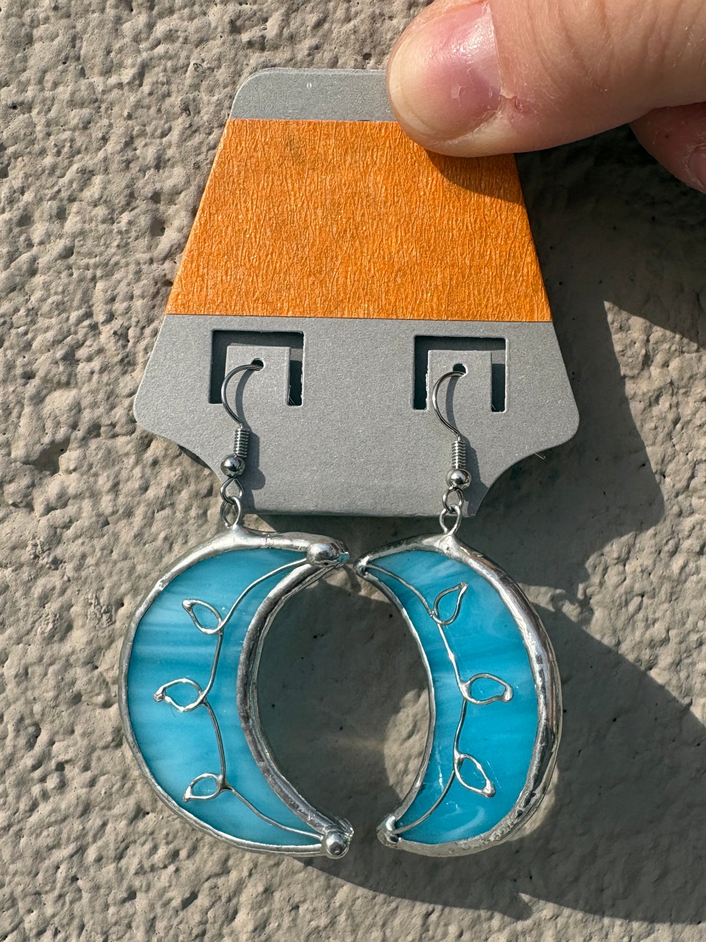 Teal Moon Leaf Stained Glass Earrings
