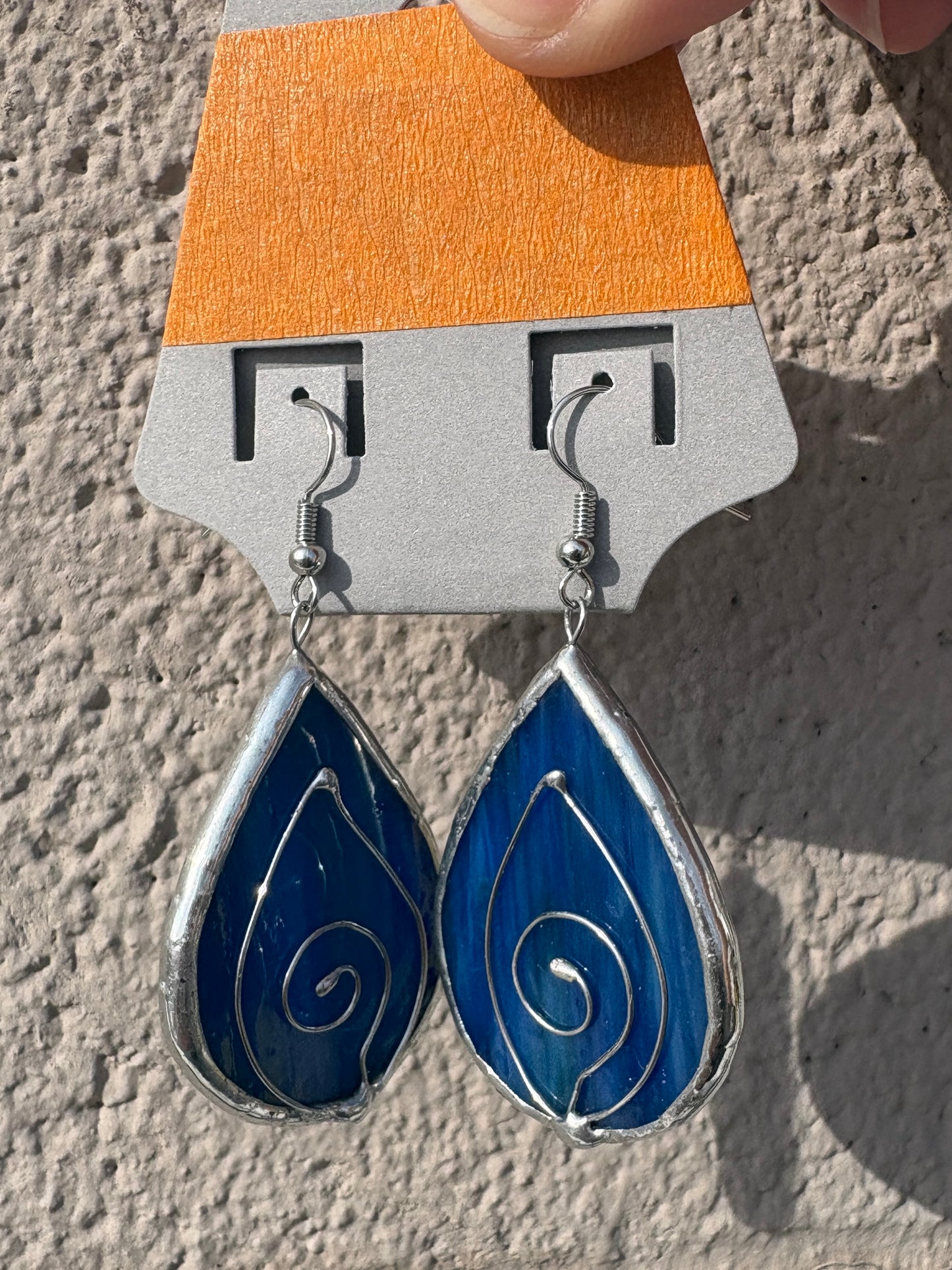Blue Teardrop Wirework Stained Glass Earrings