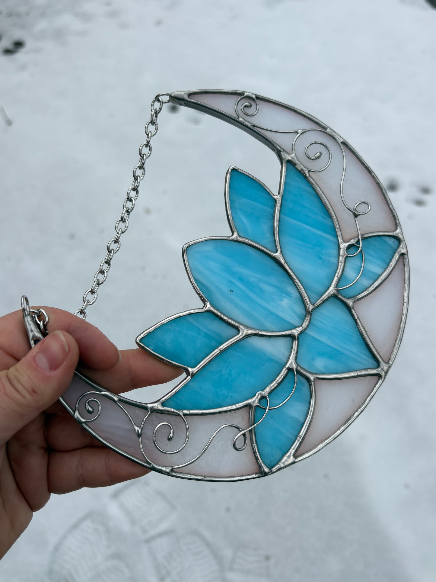 Crescent Moon Lotus Flower Stained Glass Suncatcher