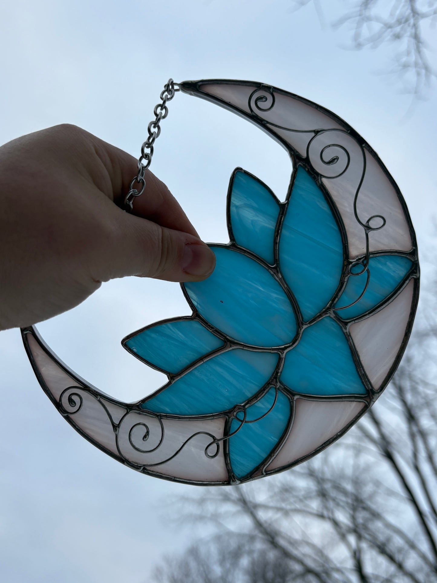 Crescent Moon Lotus Flower Stained Glass Suncatcher