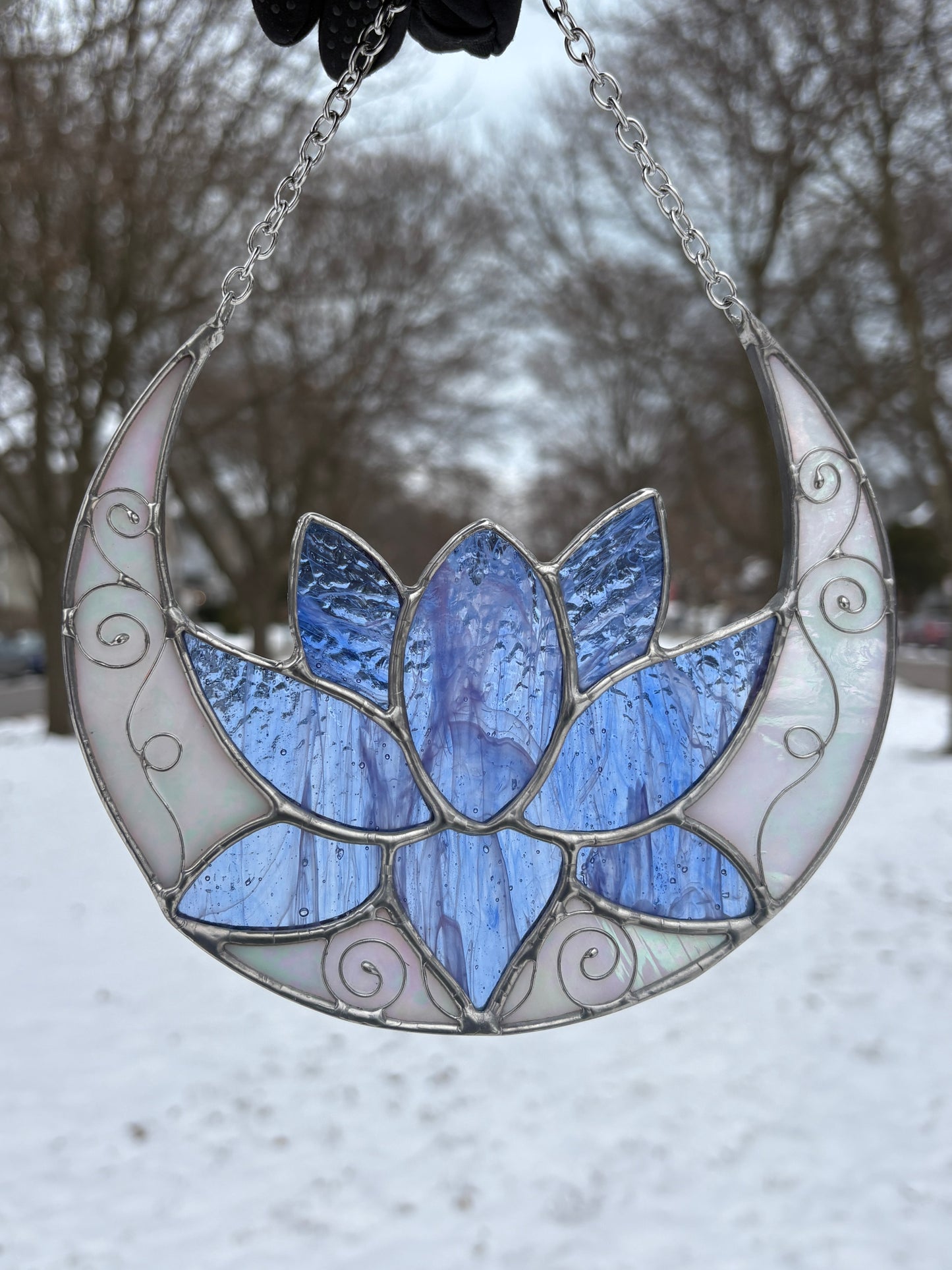 Crescent Moon Lotus Flower Stained Glass Suncatcher