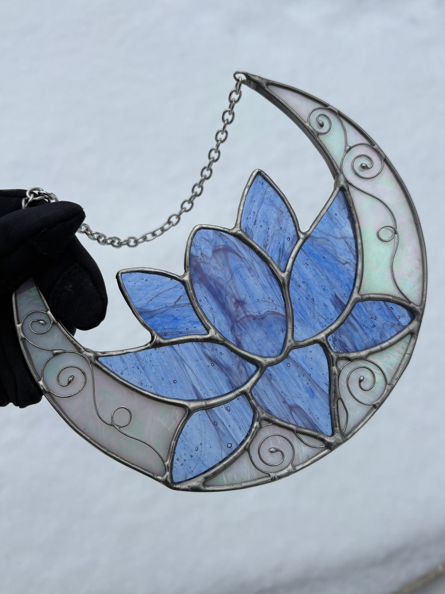Crescent Moon Lotus Flower Stained Glass Suncatcher