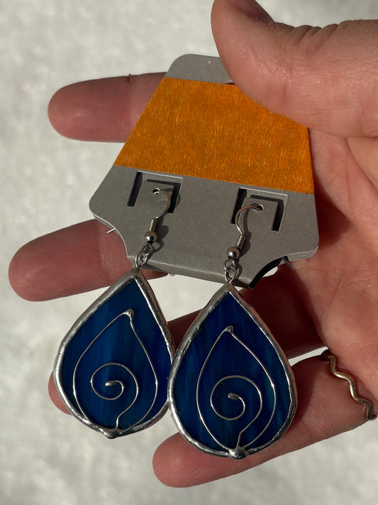 Blue Teardrop Wirework Stained Glass Earrings