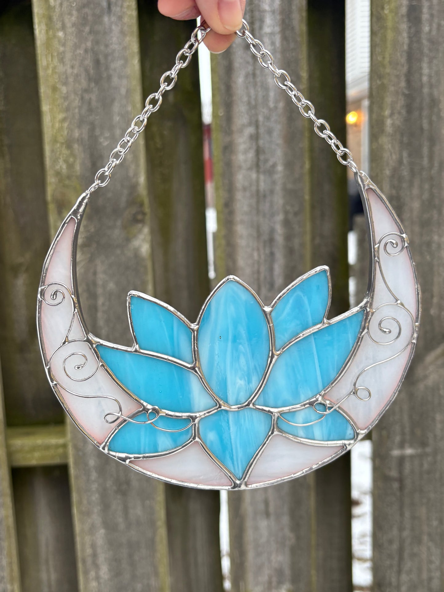 Crescent Moon Lotus Flower Stained Glass Suncatcher